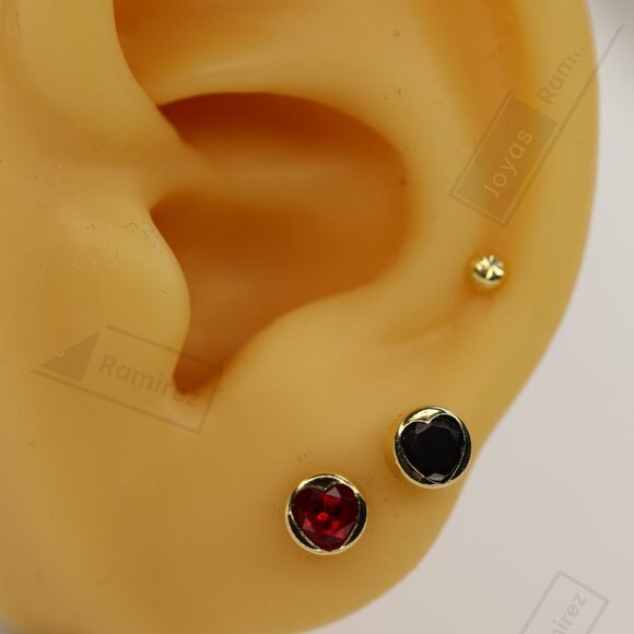 Elegant 14K Solid Gold Heart Earrings with Red Zirconia • 5mm Round Silhouette. - Picture 6 of 7